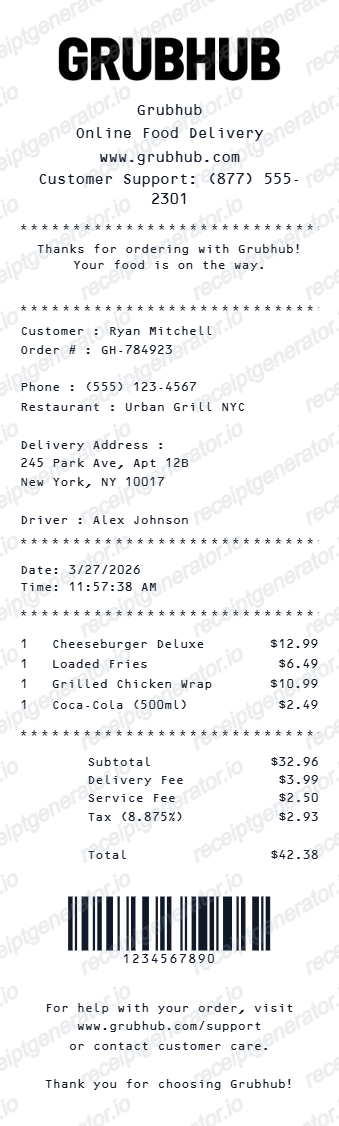 Grubhub Receipt Template