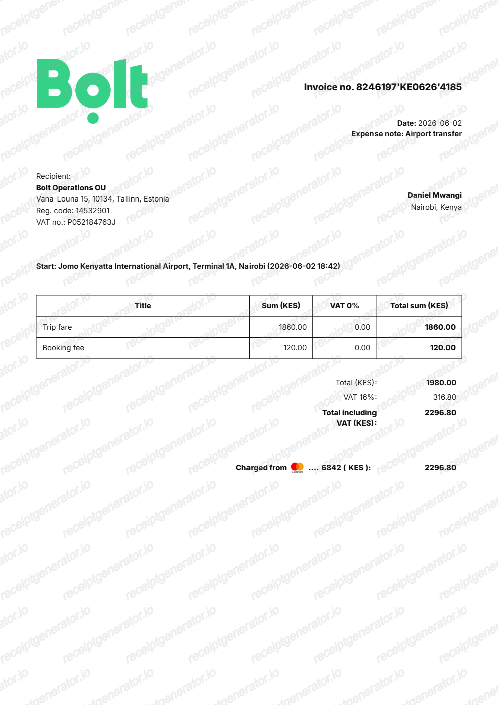 Free Bolt Receipt Generator — Editable Fare PDF