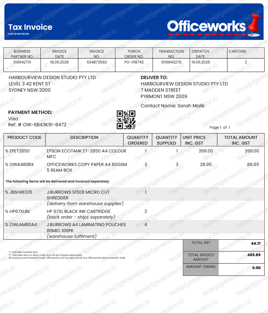 Free Officeworks Receipt Generator — No Signup Needed