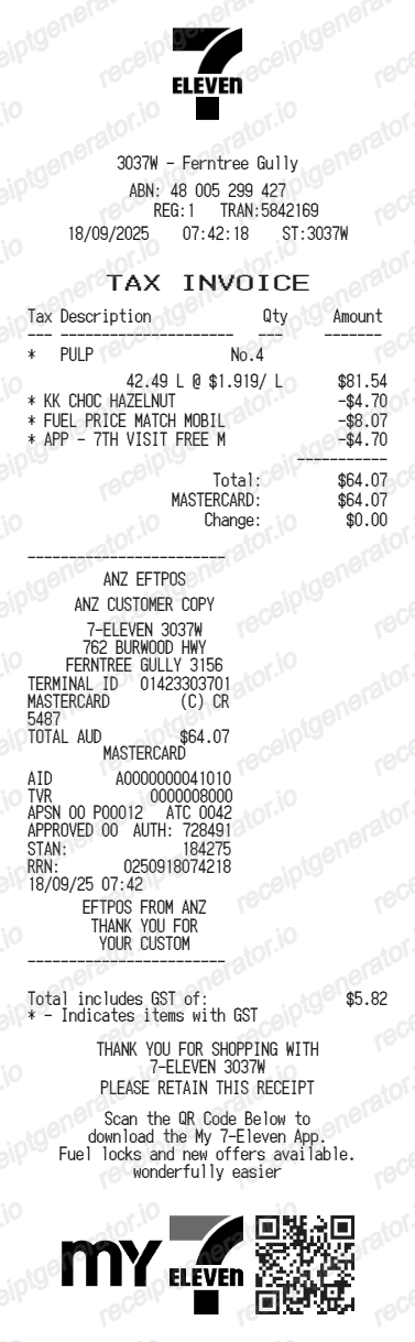 7 Eleven Receipt Australia