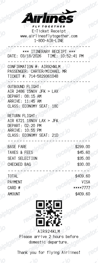 Airline Receipt - Preview of the template design