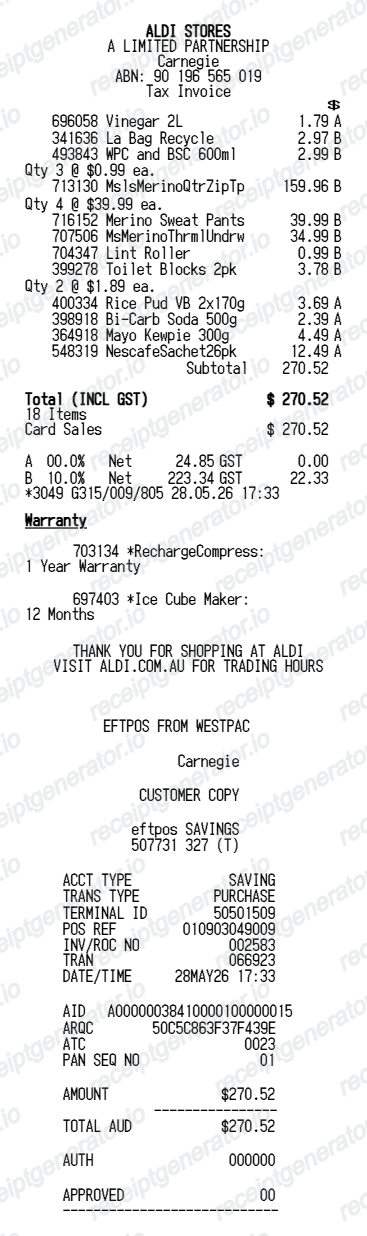 ALDI Receipt V2 Generator preview