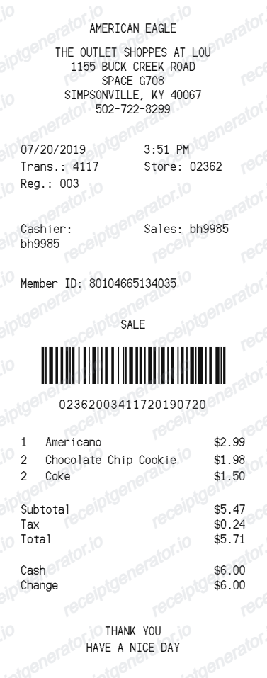 Free American Eagle Receipt Generator - AE Purchase Receipt PDF preview