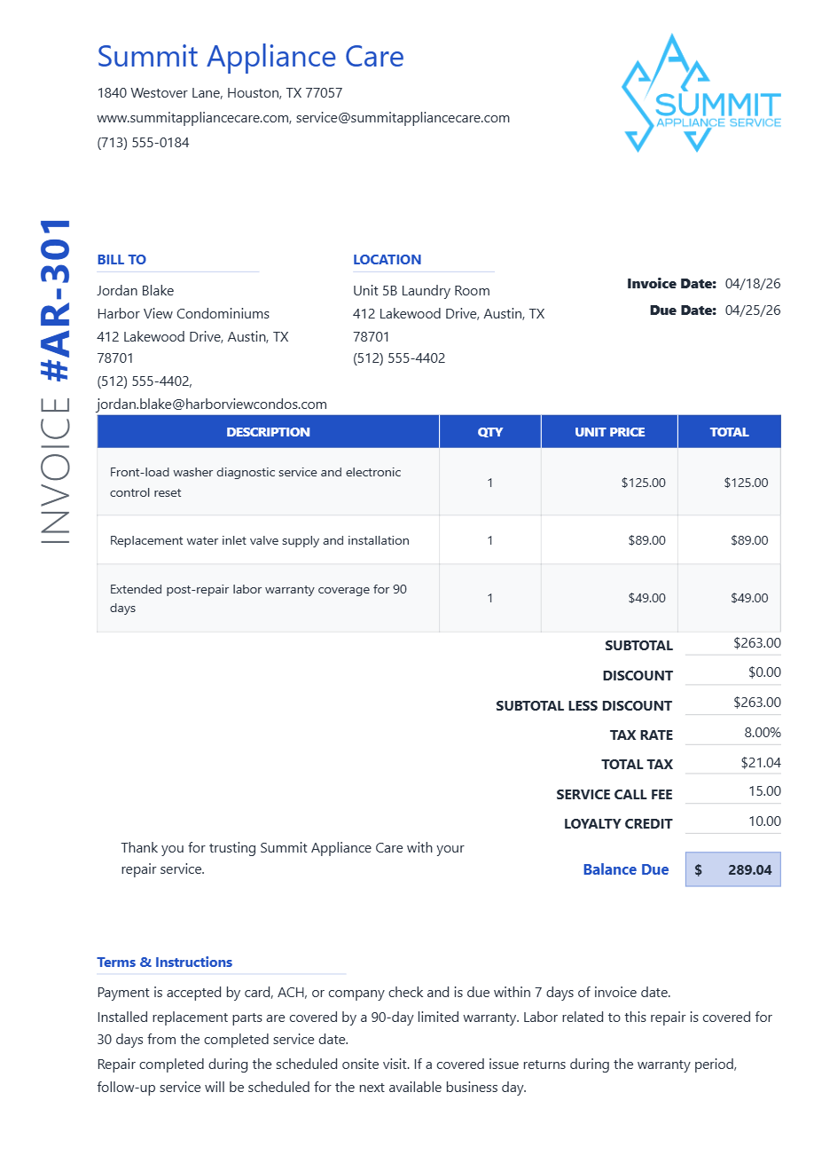Appliance Repair Warranty Receipt