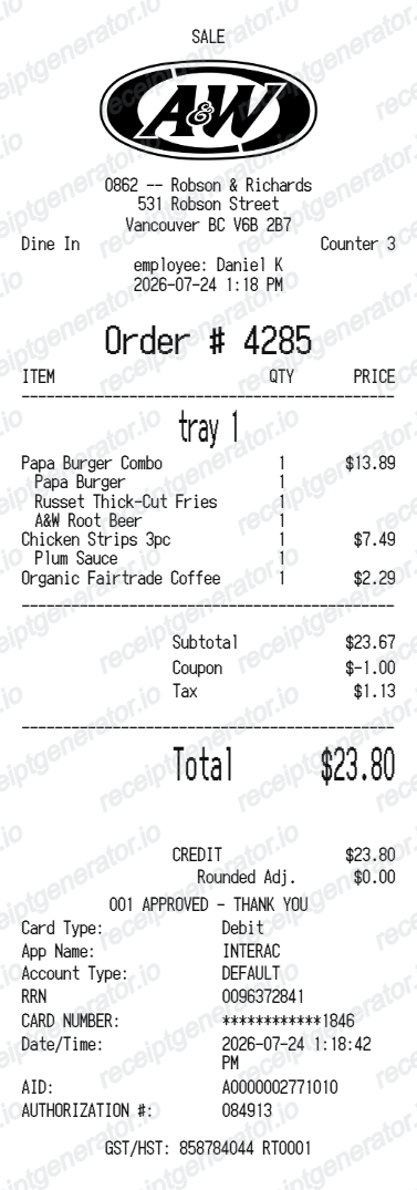 A&W Canada Receipt