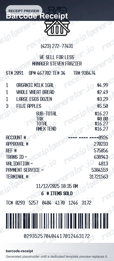 Free Barcode Receipt Generator - Create Barcode Receipts Online | PDF preview