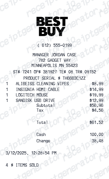 Best Buy Receipt - Preview of the template design showing receipt format and layout