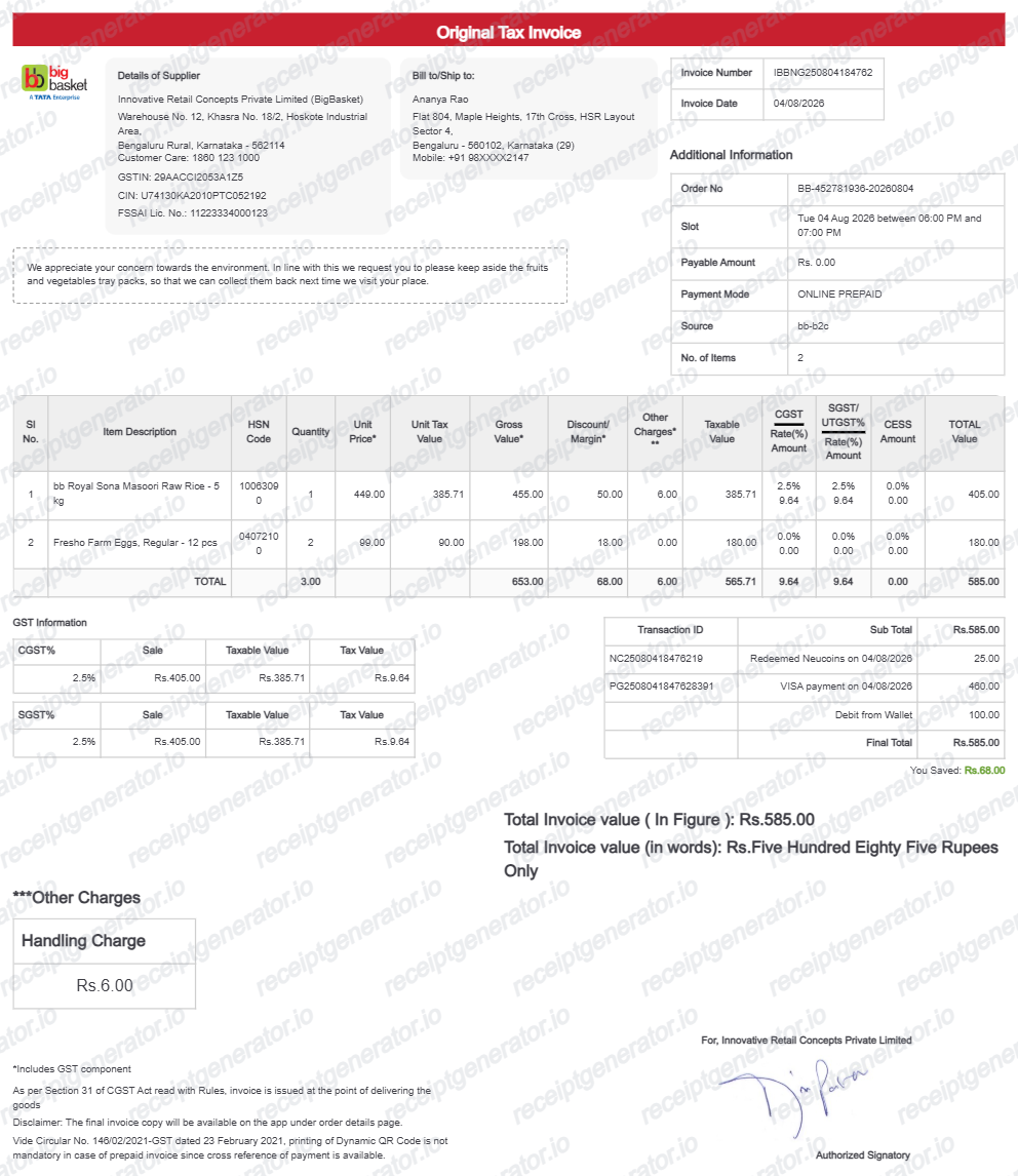 BigBasket Invoice receipt