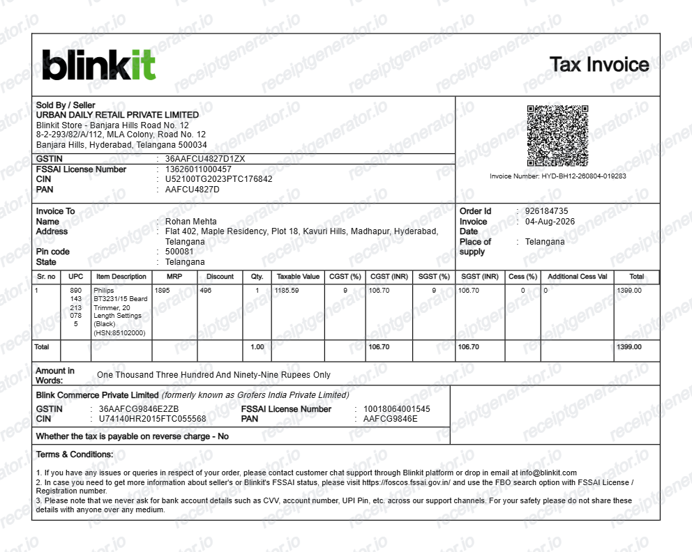 Blinkit Bill receipt