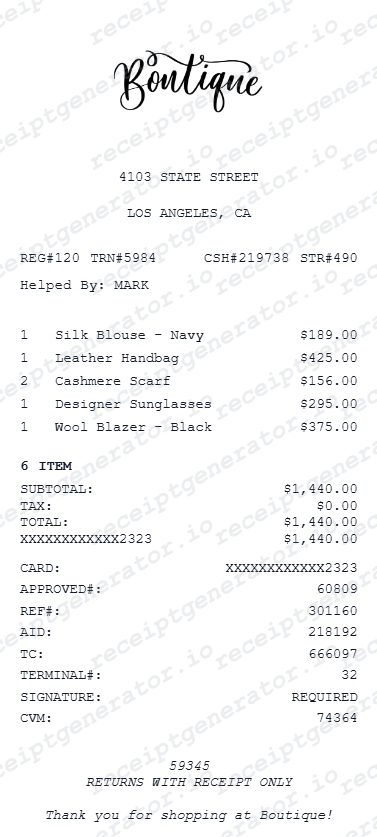 Boutique Receipt - Preview of the template design showing receipt format and layout
