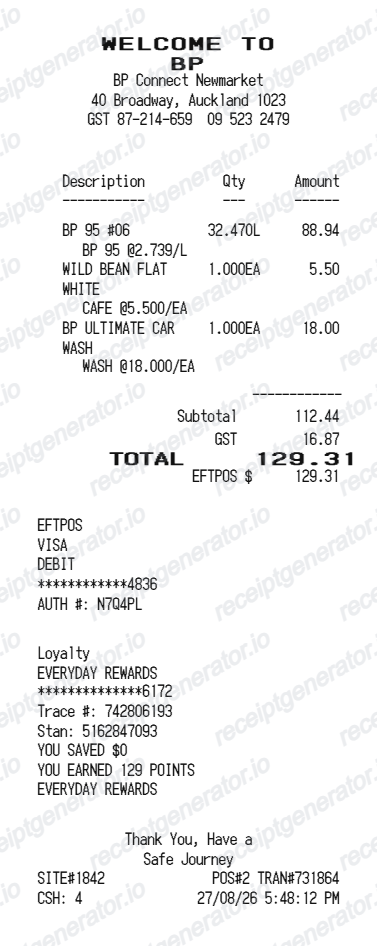 BP New Zealand receipt