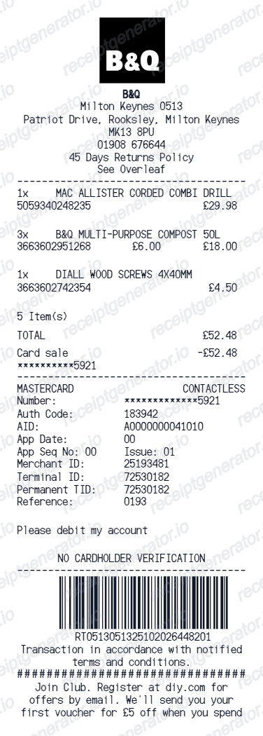 B&Q receipt