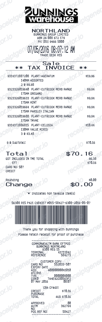 Bunnings Receipt - Preview of the template design