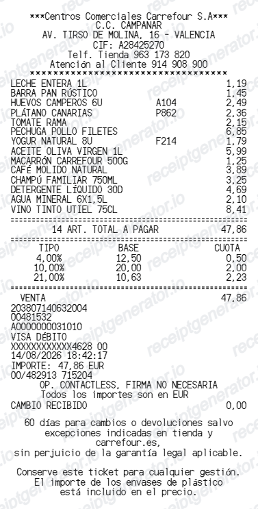Carrefour Spain Receipt