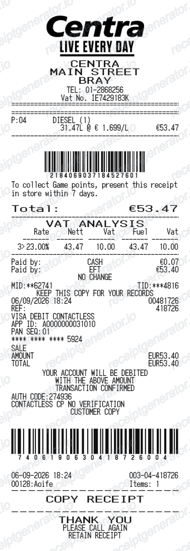 Centra receipt