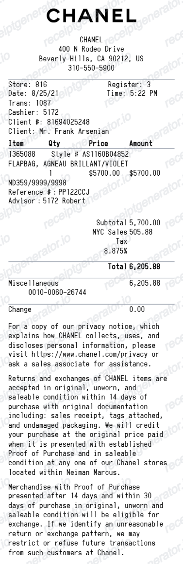 Chanel Receipt Example