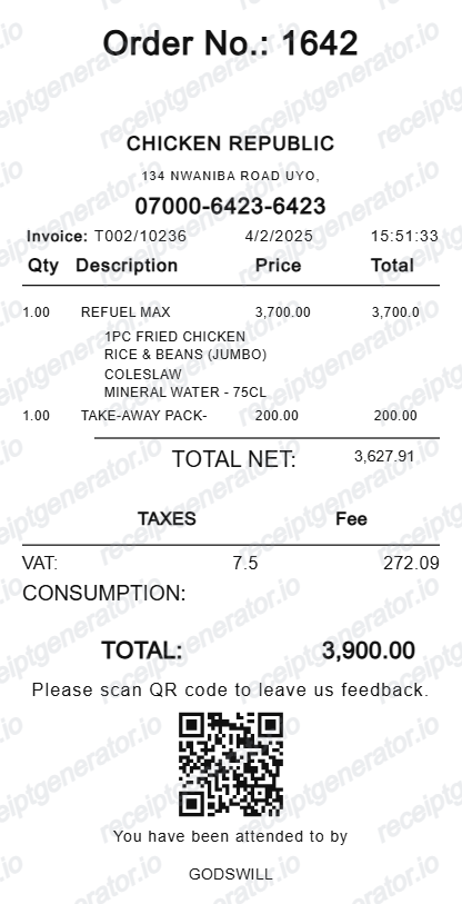 Chicken Republic Receipt