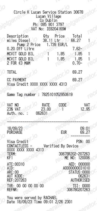 Circle K Ireland receipt