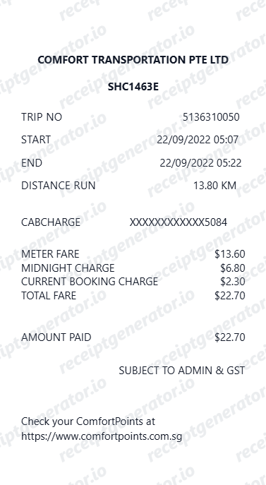 Comfort Cabs Receipt