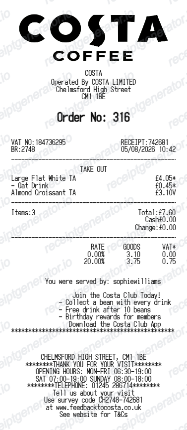 Costa Coffee receipt
