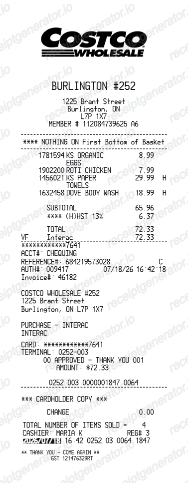 Costco Receipt Canada