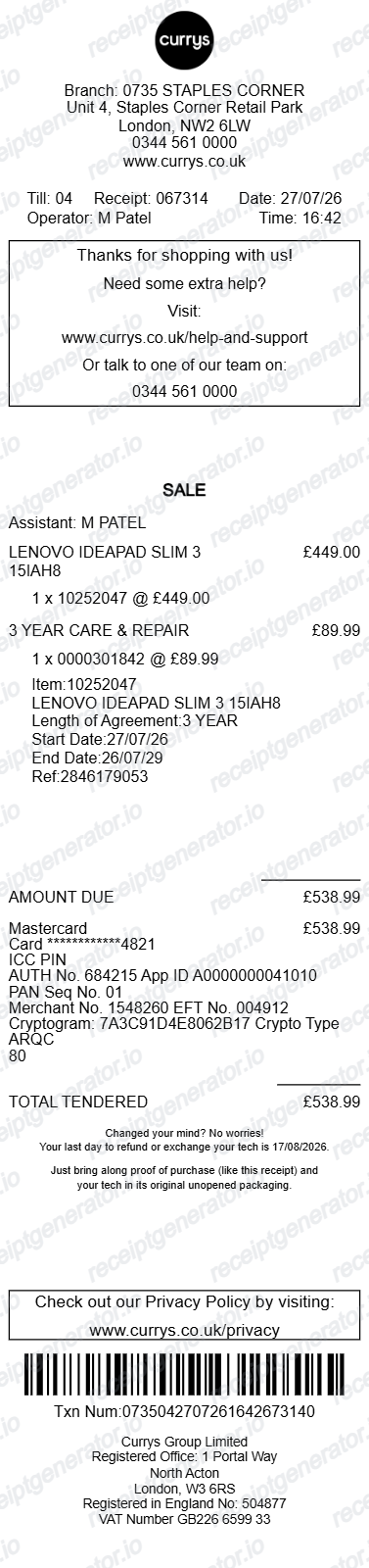 Currys receipt