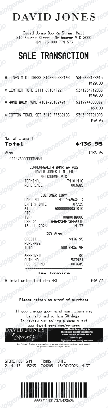 David Jones receipt