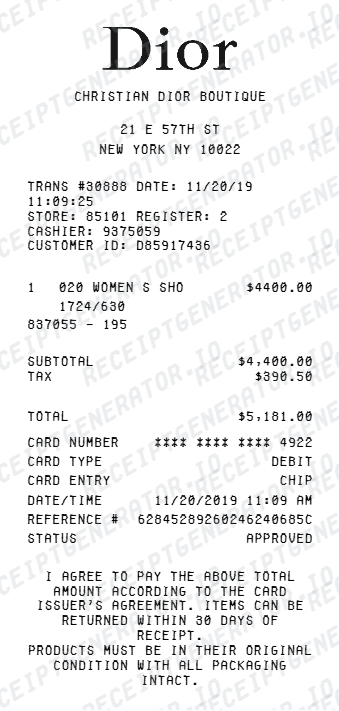 Dior Receipt - Preview of the template design showing receipt format and layout