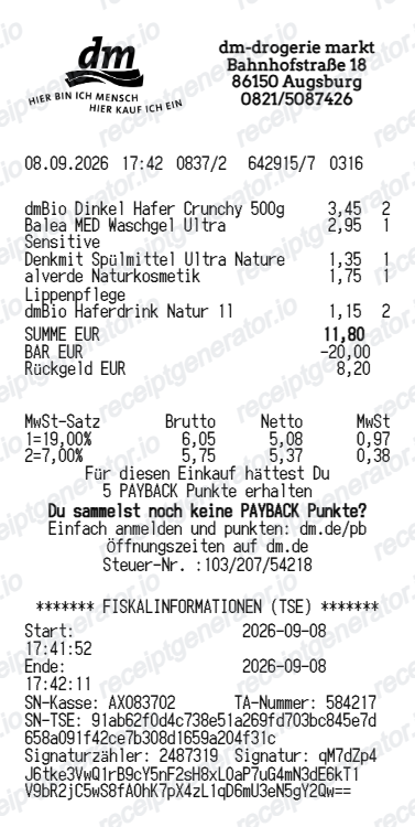 dm Drogeriemarkt receipt