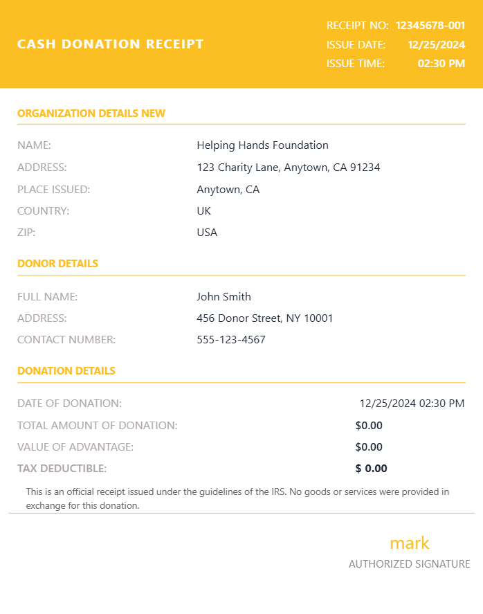 Donation Receipt - Preview of the template design showing receipt format and layout