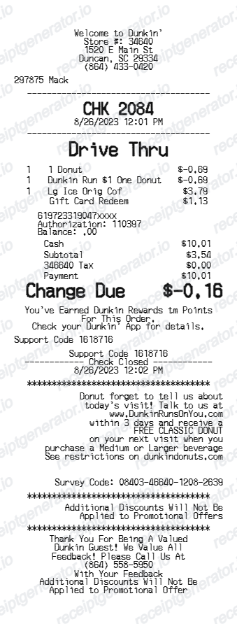 Dunkin Receipt