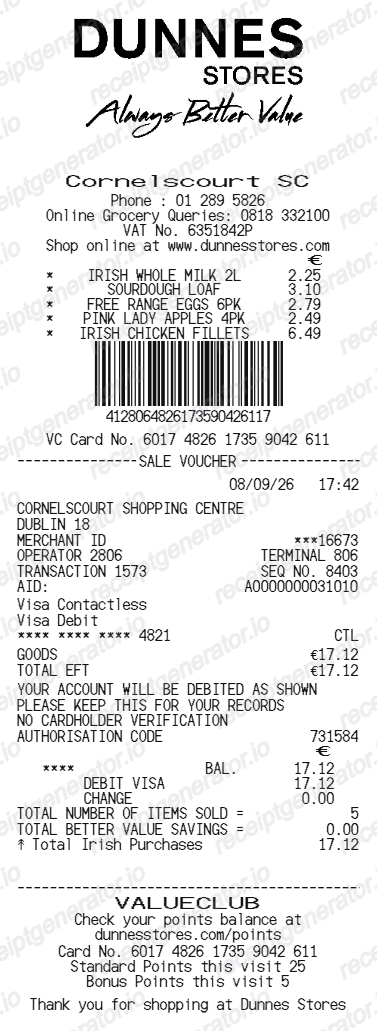 Dunnes Stores receipt