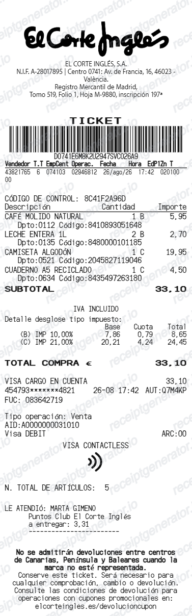 El Corte Inglés receipt