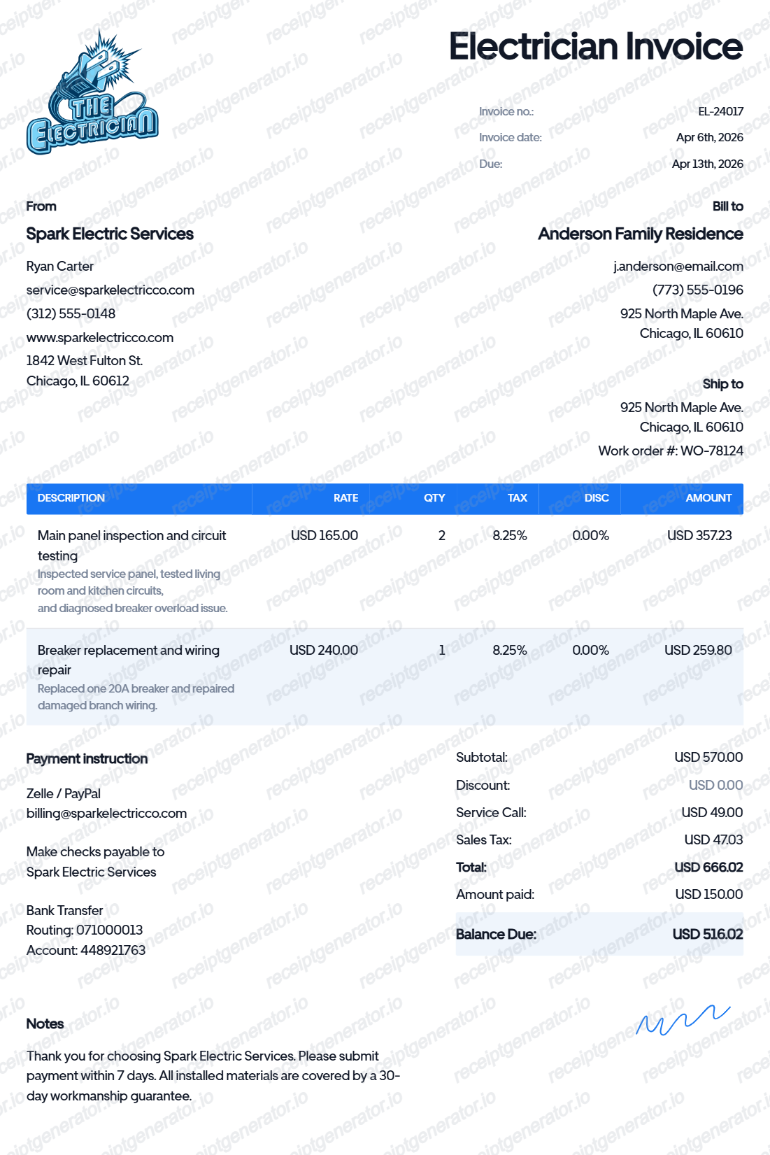 Electrician Receipt Generator | Electrician Invoice Template preview