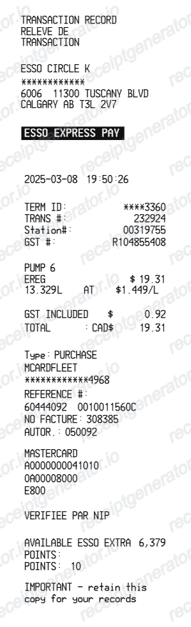 Esso Canada Receipt