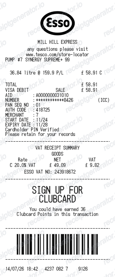 Esso UK receipt