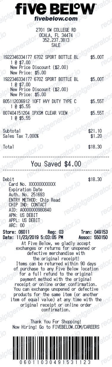 Five Below Receipt