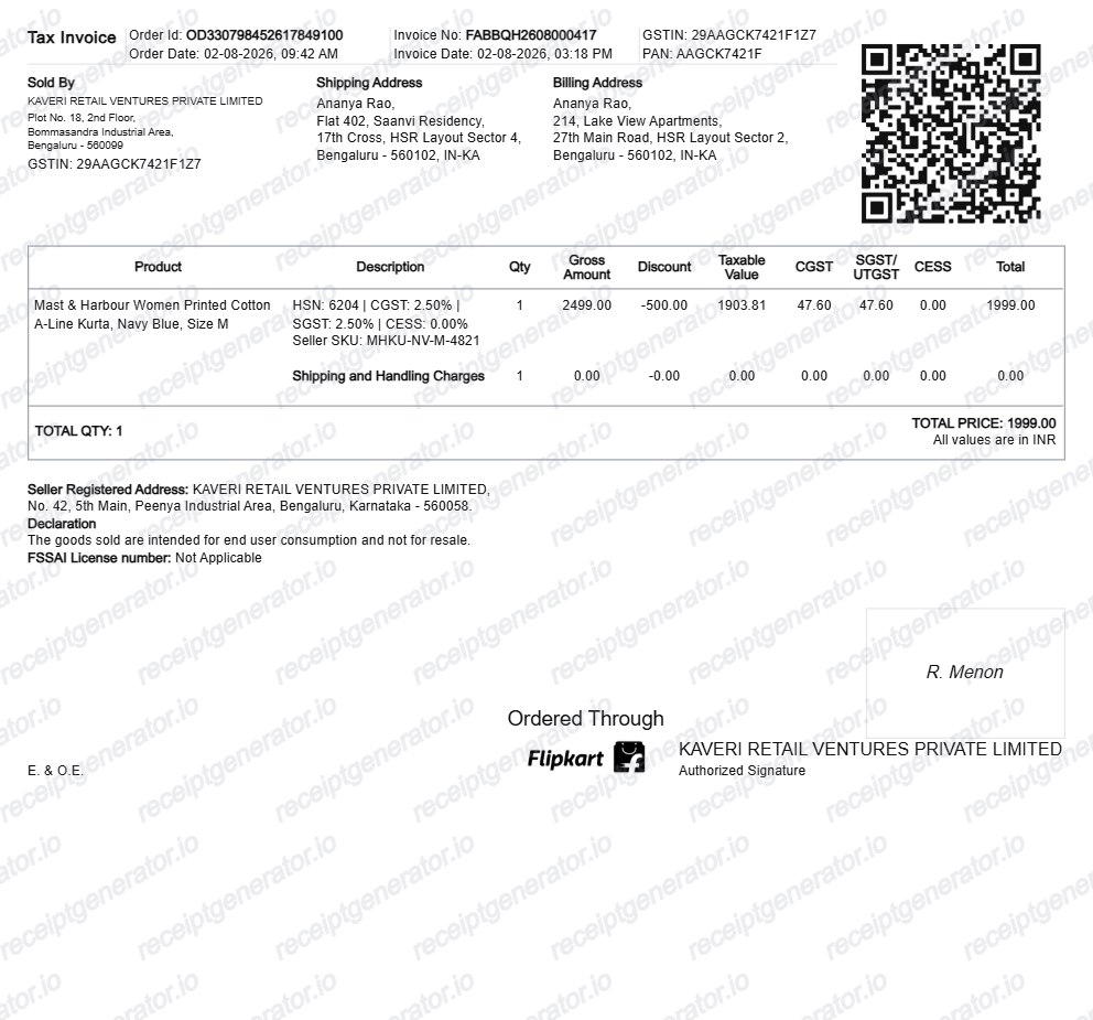 Flipkart Invoice receipt