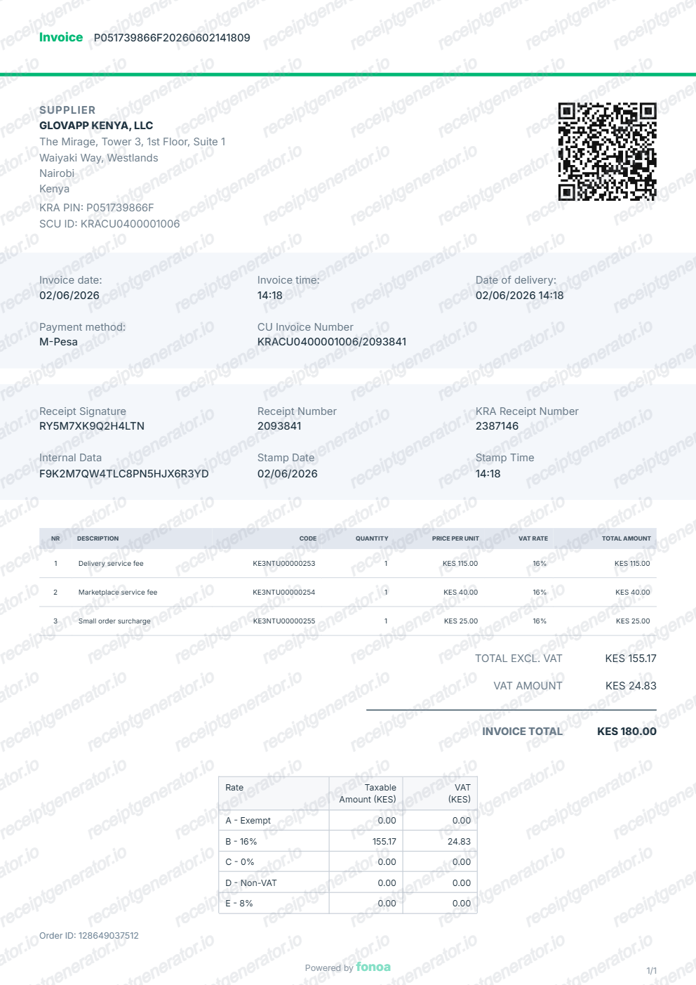 Glovo Receipt Generator - Free Glovo Invoice PDF preview