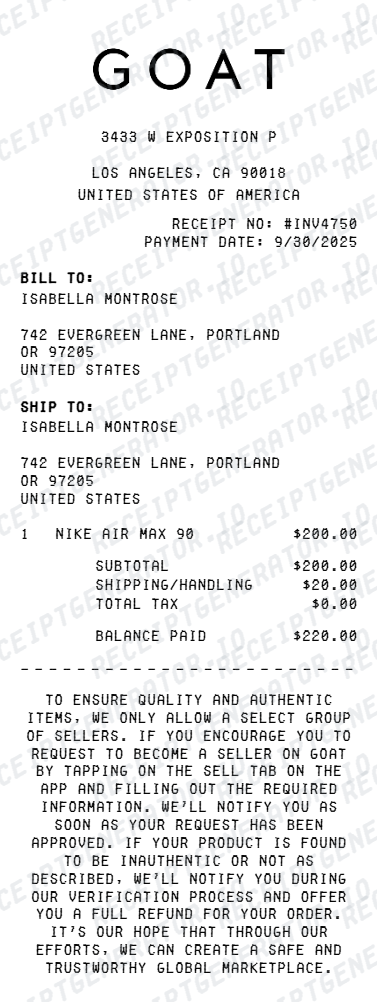 GOAT Receipt - Preview of the template design showing receipt format and layout