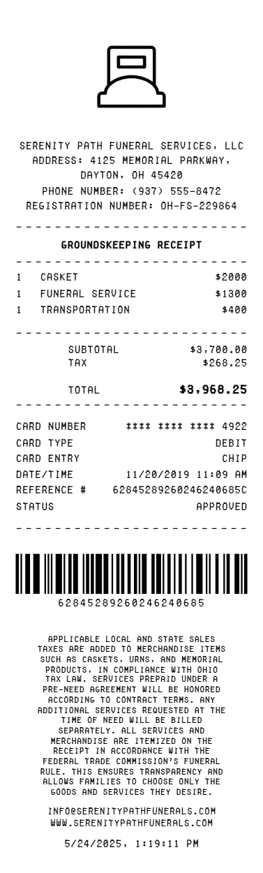 Groundskeeping Receipt - Preview of the template design showing receipt format and layout