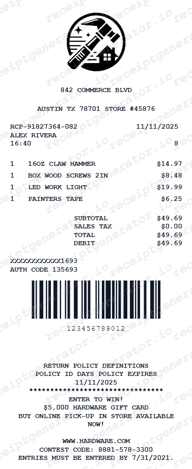 Hardware Store Receipt - Preview of the template design showing receipt format and layout
