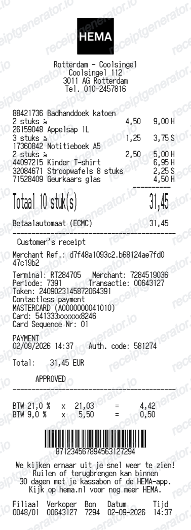 HEMA receipt