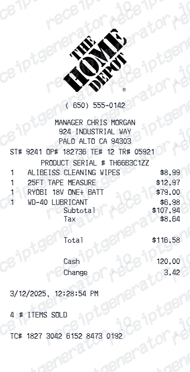 The Home Depot Receipt - Preview of the template design showing receipt format and layout