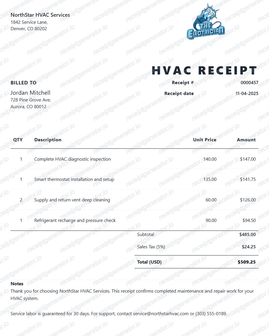 Hvac Maintenance Service Receipt
