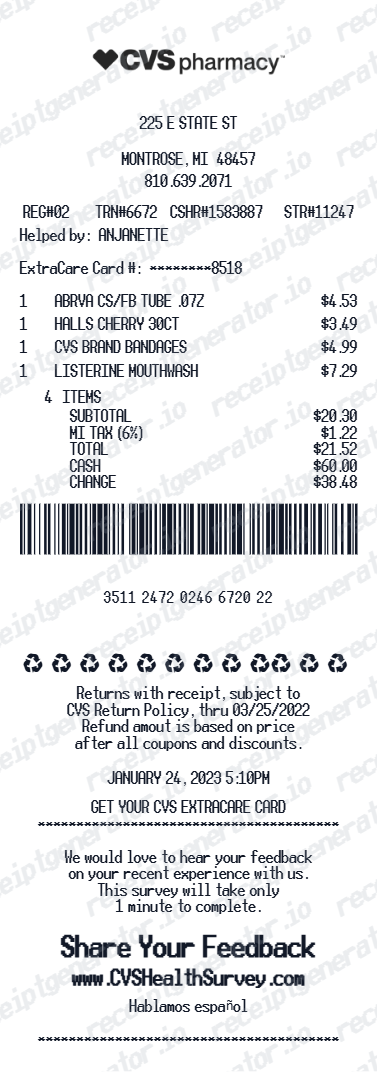 CVS Pharmacy Receipt