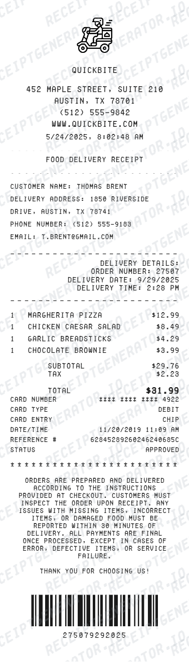 Food Delivery Receipt