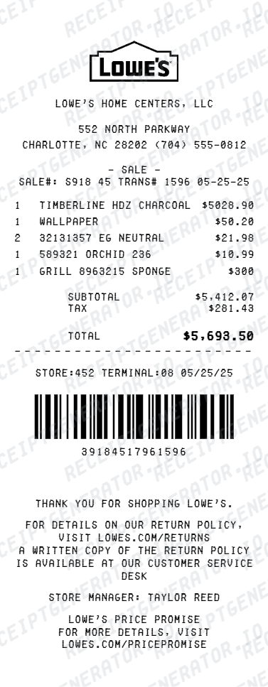 Free Lowe's Receipt Generator - Create Lowe's Home Improvement Receipts | PDF preview