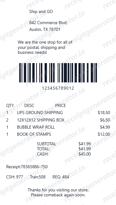 Shipping Store Receipt