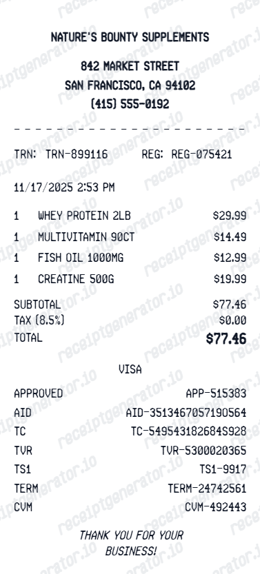 Free Supplement Receipt Generator - Create Vitamin & Supplement Receipts | PDF preview